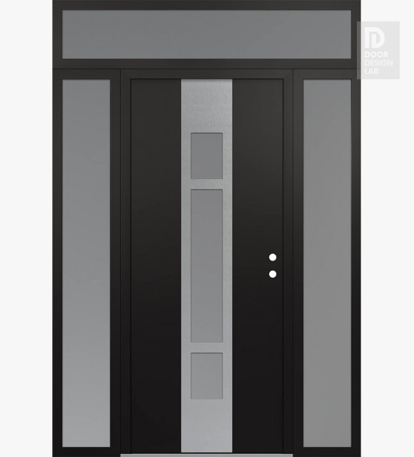 Modern Steel Front Door DIAMOND A9 64" X 96" BLACK/WHITE FROSTED GLASS PANEL STAINLESS STEEL LHI WITH 2 SIDELITES AND TRANSOM FROSTED GLASS