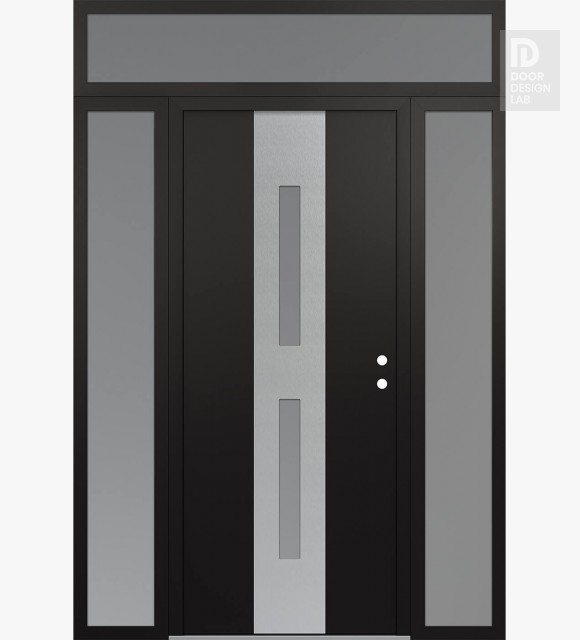 Modern Steel Front Door DIAMOND A6 60" X 96" BLACK/WHITE FROSTED GLASS PANEL STAINLESS STEEL LHI WITH 2 SIDELITES AND TRANSOM FROSTED GLASS