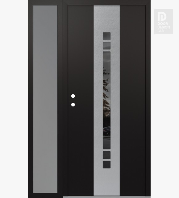 Modern Steel Front Door DIAMOND A4 50" X 80" BLACK/BLACK MIRRORED GLASS PANEL STAINLESS STEEL RHI WITH SIDELITE FROSTED GLASS