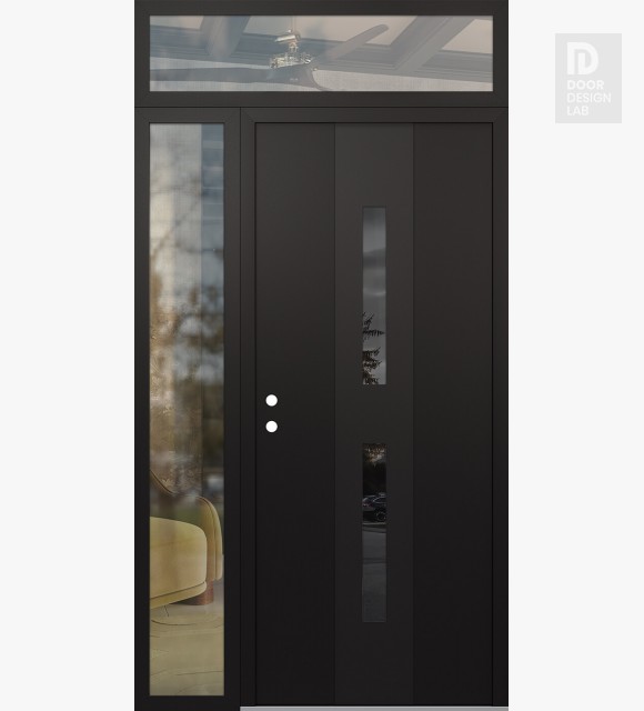 Modern Steel Front Door DIAMOND A6 48" X 96" BLACK/BLACK MIRRORED GLASS PANEL BLACK RHI WITH SIDELITE AND TRANSOM CLEAR GLASS