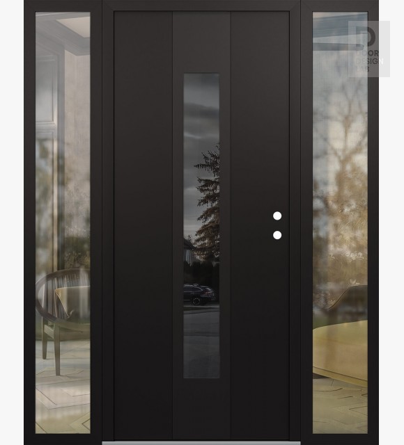 Modern Steel Front Door DIAMOND A1 68" X 80" BLACK/BLACK MIRRORED GLASS PANEL BLACK LHI WITH 2 SIDELITES CLEAR GLASS