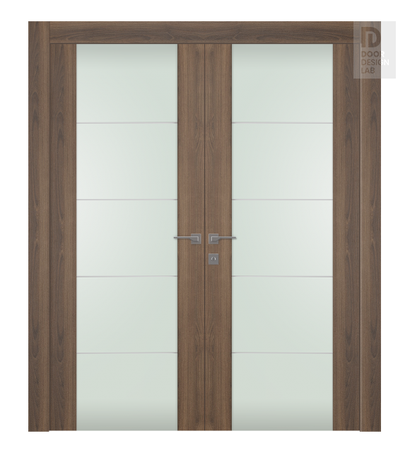 Avon 202 4H Vetro Pecan Nutwood Modern Interior Double Swing Doors by Belldinni