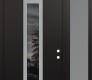 Modern Steel Front Door DIAMOND A1 50" X 96" BLACK/BLACK MIRRORED GLASS PANEL STAINLESS STEEL LHI WITH SIDELITE AND TRANSOM FROSTED GLASS