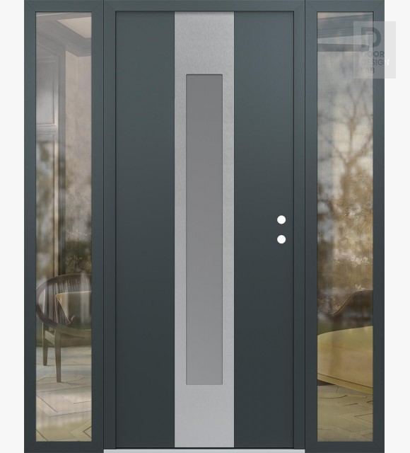 Modern Steel Front Door DIAMOND A1 64" X 80" ANTHRACITE/ANTHRACITE FROSTED GLASS PANEL STAINLESS STEEL LHI WITH 2 SIDELITES CLEAR GLASS