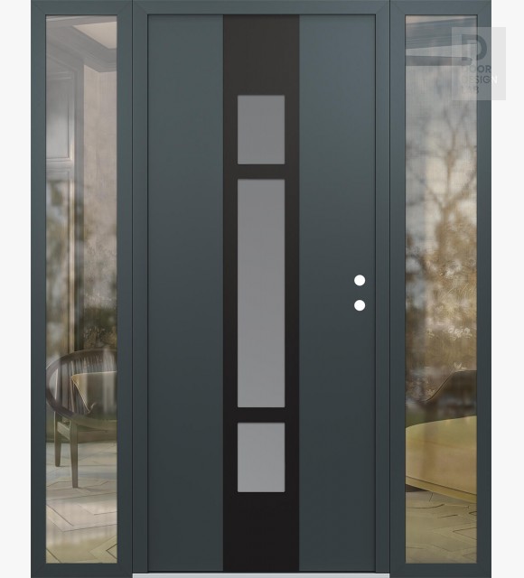Modern Steel Front Door DIAMOND A9 68" X 80" ANTHRACITE/ANTHRACITE FROSTED GLASS PANEL BLACK LHI WITH 2 SIDELITES CLEAR GLASS
