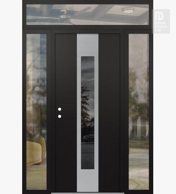 Modern Steel Front Door DIAMOND A1 64" X 96" BLACK/BLACK MIRRORED GLASS PANEL STAINLESS STEEL RHI WITH 2 SIDELITES AND TRANSOM CLEAR GLASS