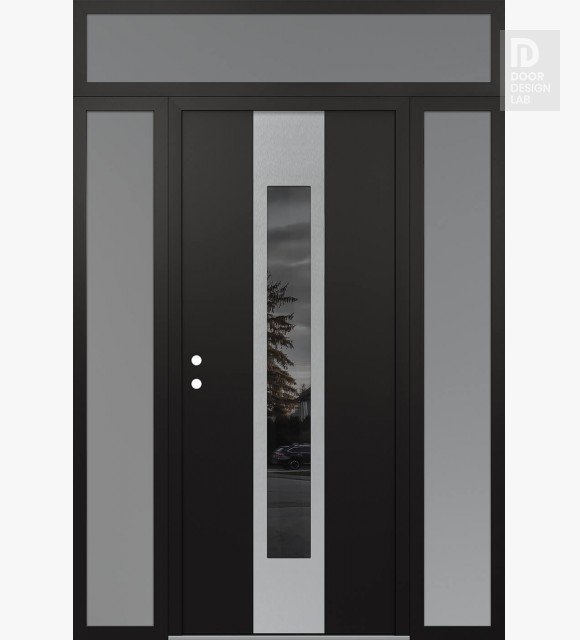 Modern Steel Front Door DIAMOND A1 60" X 96" BLACK/BLACK MIRRORED GLASS PANEL STAINLESS STEEL RHI WITH 2 SIDELITES AND TRANSOM FROSTED GLASS