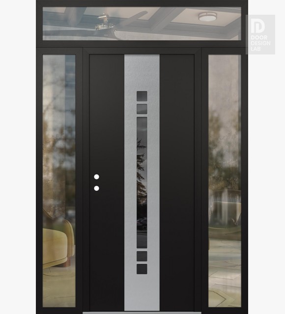 Modern Steel Front Door DIAMOND A4 60" X 96" BLACK/BLACK MIRRORED GLASS PANEL STAINLESS STEEL RHI WITH 2 SIDELITES AND TRANSOM CLEAR GLASS