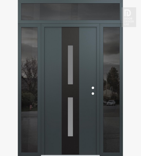 Modern Steel Front Door DIAMOND A6 64" X 96" ANTHRACITE/ANTHRACITE FROSTED GLASS PANEL BLACK LHI WITH 2 SIDELITES AND TRANSOM MIRRORED GLASS