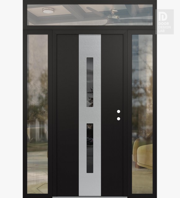 Modern Steel Front Door DIAMOND A6 68" X 96" BLACK/BLACK MIRRORED GLASS PANEL STAINLESS STEEL LHI WITH 2 SIDELITES AND TRANSOM CLEAR GLASS