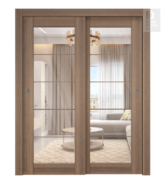 Avon 5 Lite Clear Vetro Pecan Nutwood Modern Interior Bypass Doors by Belldinni