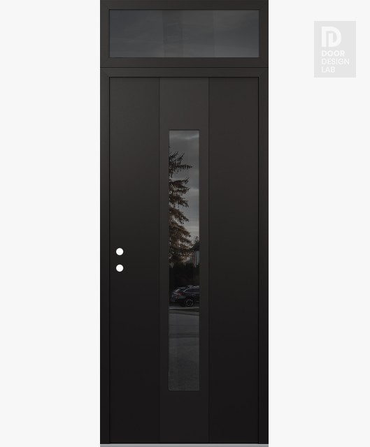 Modern Steel Front Door DIAMOND A1 36" X 96" BLACK/BLACK MIRRORED GLASS PANEL BLACK RHI WITH TRANSOM MIRRORED GLASS