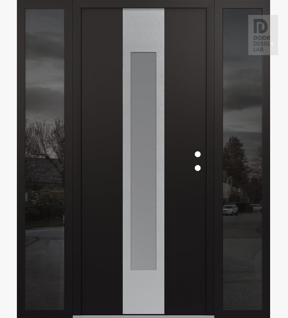 Modern Steel Front Door DIAMOND A1 68" X 80" BLACK/WHITE FROSTED GLASS PANEL STAINLESS STEEL LHI WITH 2 SIDELITES MIRRORED GLASS