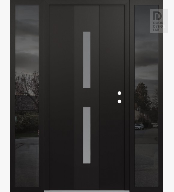 Modern Steel Front Door DIAMOND A6 64" X 80" BLACK/WHITE FROSTED GLASS PANEL BLACK LHI WITH 2 SIDELITES MIRRORED GLASS
