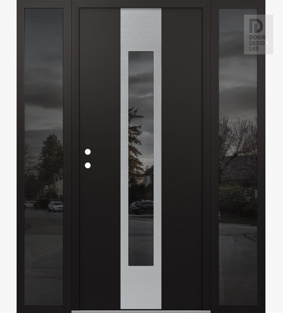 Modern Steel Front Door DIAMOND A1 60" X 80" BLACK/BLACK MIRRORED GLASS PANEL STAINLESS STEEL RHI WITH 2 SIDELITES MIRRORED GLASS