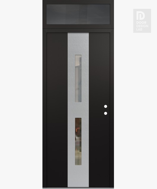 Modern Steel Front Door DIAMOND A6 36" X 96" BLACK/BLACK CLEAR GLASS PANEL STAINLESS STEEL LHI WITH TRANSOM MIRRORED GLASS