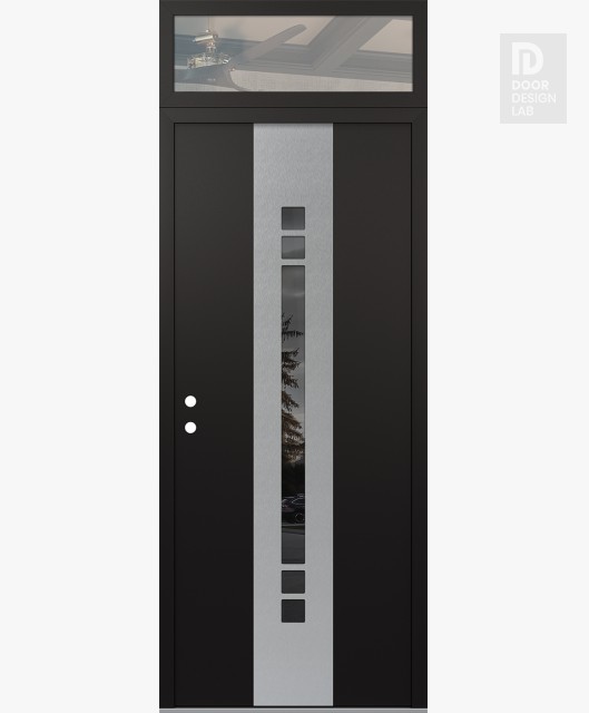 Modern Steel Front Door DIAMOND A4 36" X 96" BLACK/BLACK MIRRORED GLASS PANEL STAINLESS STEEL RHI WITH TRANSOM CLEAR GLASS