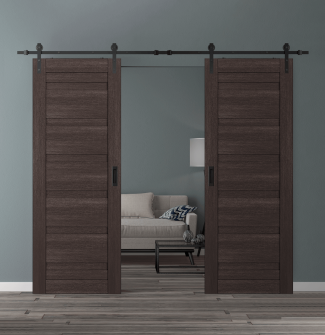 DOUBLE BARN DOOR LOUVER VERALINGA OAK 36" X 80" X 1 3/4" BLACK HARDWARE