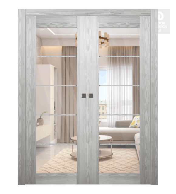 Avon 5 Lite Clear Vetro Ribeira Ash Modern Interior Double Pocket Doors by Belldinni