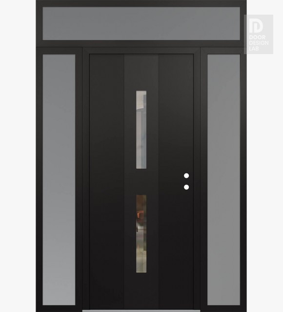 Modern Steel Front Door DIAMOND A6 68" X 96" BLACK/BLACK CLEAR GLASS PANEL BLACK LHI WITH 2 SIDELITES AND TRANSOM FROSTED GLASS