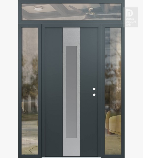 Modern Steel Front Door DIAMOND A1 60" X 96" ANTHRACITE/ANTHRACITE FROSTED GLASS PANEL STAINLESS STEEL LHI WITH 2 SIDELITES AND TRANSOM CLEAR GLASS