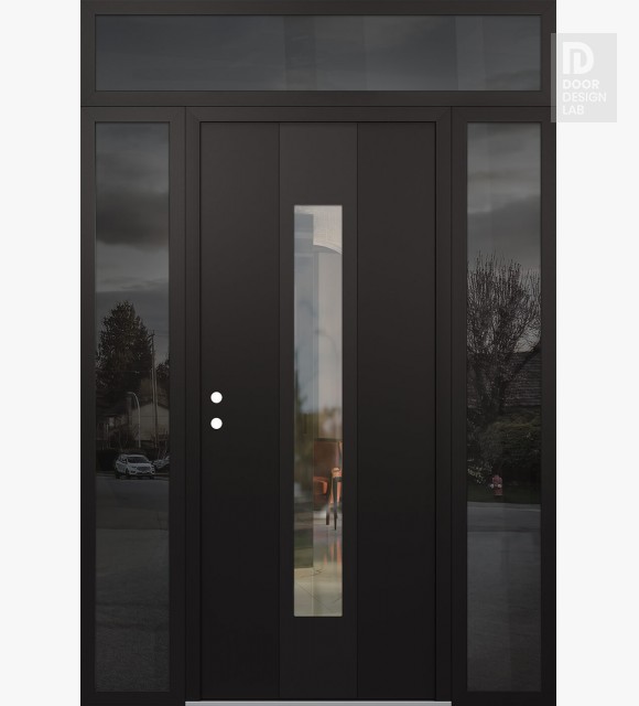 Modern Steel Front Door DIAMOND A1 60" X 96" BLACK/BLACK CLEAR GLASS PANEL BLACK RHI WITH 2 SIDELITES AND TRANSOM MIRRORED GLASS