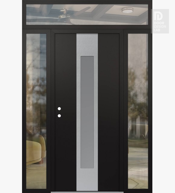 Modern Steel Front Door DIAMOND A1 60" X 96" BLACK/WHITE FROSTED GLASS PANEL STAINLESS STEEL RHI WITH 2 SIDELITES AND TRANSOM CLEAR GLASS