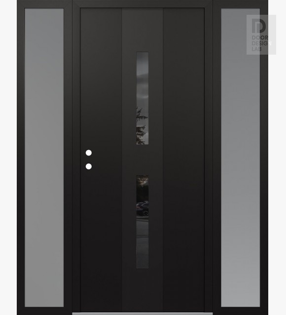 Modern Steel Front Door DIAMOND A6 68" X 80" BLACK/BLACK MIRRORED GLASS PANEL BLACK RHI WITH 2 SIDELITES FROSTED GLASS