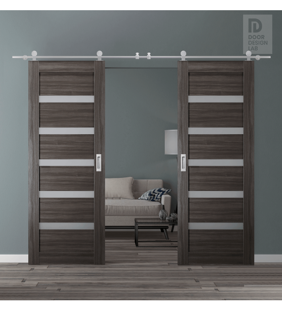 DOUBLE BARN DOOR LEORA VETRO GRAY OAK 36" X 96" X 1 9/16" STAINLESS STEEL HARDWARE