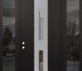Modern Steel Front Door DIAMOND A6 68" X 96" BLACK/BLACK CLEAR GLASS PANEL STAINLESS STEEL RHI WITH 2 SIDELITES AND TRANSOM MIRRORED GLASS