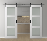 DOUBLE BARN DOOR PALLADIO 3 LITE VETRO BIANCO NOBLE 56" X 84" X 1 9/16" TEMPERED FROSTED GLASS BLACK HARDWARE