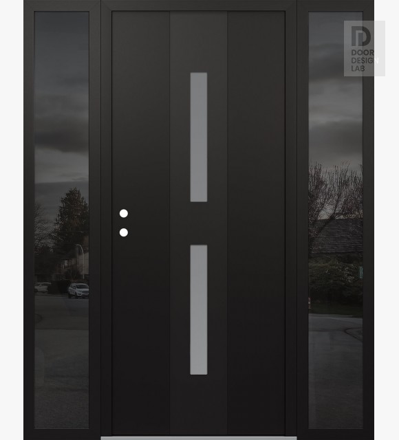 Modern Steel Front Door DIAMOND A6 64" X 80" BLACK/WHITE FROSTED GLASS PANEL BLACK RHI WITH 2 SIDELITES MIRRORED GLASS