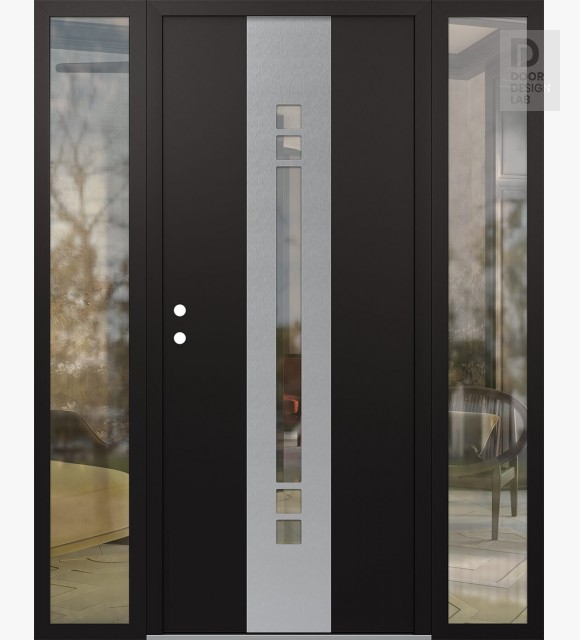 Modern Steel Front Door DIAMOND A4 64" X 80" BLACK/BLACK CLEAR GLASS PANEL STAINLESS STEEL RHI WITH 2 SIDELITES CLEAR GLASS