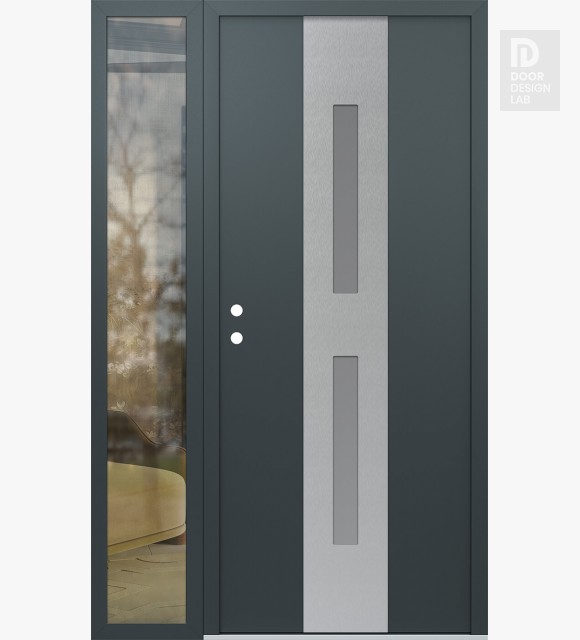 Modern Steel Front Door DIAMOND A6 48" X 80" ANTHRACITE/ANTHRACITE FROSTED GLASS PANEL STAINLESS STEEL RHI WITH SIDELITE CLEAR GLASS