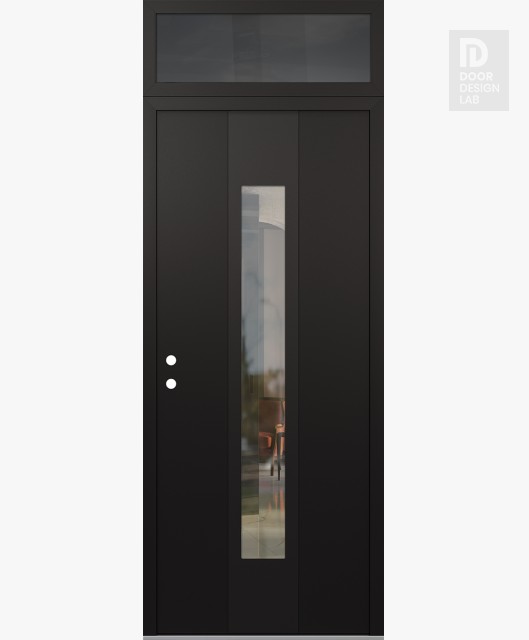 Modern Steel Front Door DIAMOND A1 36" X 96" BLACK/BLACK CLEAR GLASS PANEL BLACK RHI WITH TRANSOM MIRRORED GLASS
