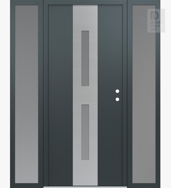 Modern Steel Front Door DIAMOND A6 68" X 80" ANTHRACITE/ANTHRACITE FROSTED GLASS PANEL STAINLESS STEEL LHI WITH 2 SIDELITES FROSTED GLASS
