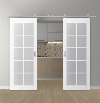 DOUBLE BARN DOOR PALLADIO 10 LITE VETRO BIANCO NOBLE 56" X 80" X 1 9/16" TEMPERED FROSTED GLASS STAINLESS STEEL HARDWARE