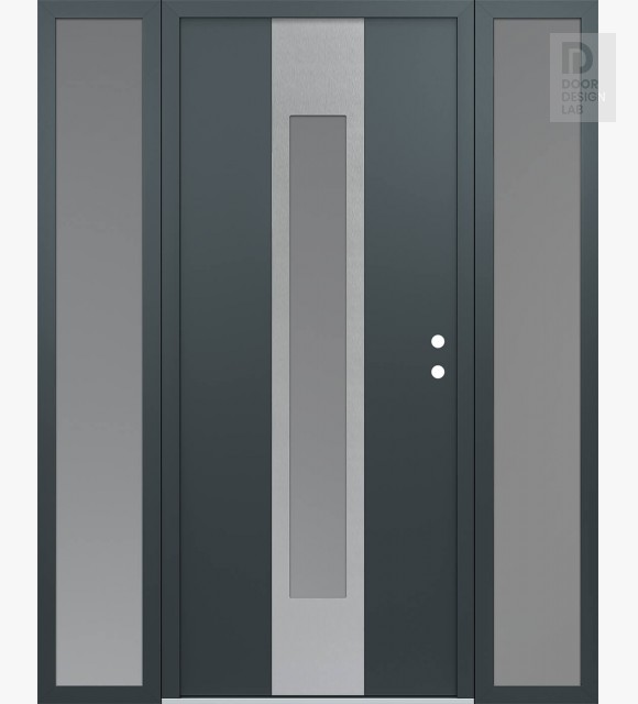 Modern Steel Front Door DIAMOND A1 64" X 80" ANTHRACITE/ANTHRACITE FROSTED GLASS PANEL STAINLESS STEEL LHI WITH 2 SIDELITES FROSTED GLASS