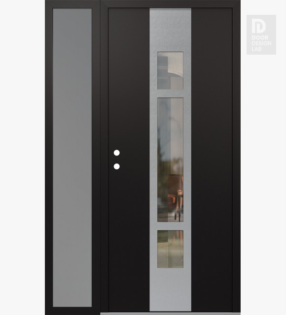 Modern Steel Front Door DIAMOND A9 52" X 80" BLACK/BLACK CLEAR GLASS PANEL STAINLESS STEEL RHI WITH SIDELITE FROSTED GLASS