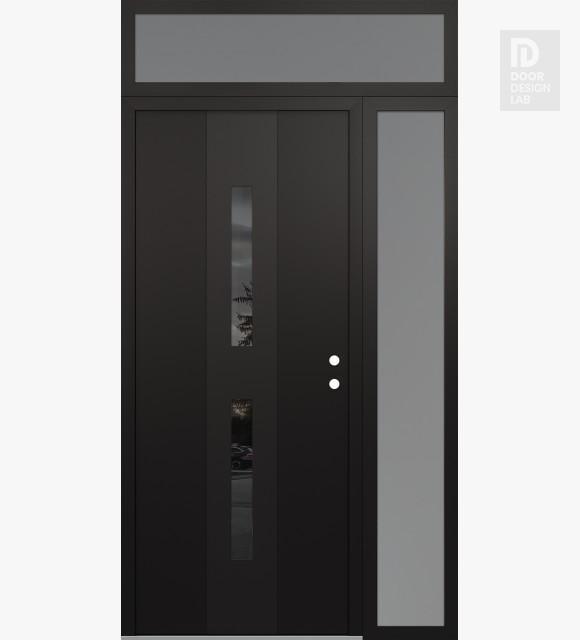 Modern Steel Front Door DIAMOND A6 52" X 96" BLACK/BLACK MIRRORED GLASS PANEL BLACK LHI WITH SIDELITE AND TRANSOM FROSTED GLASS