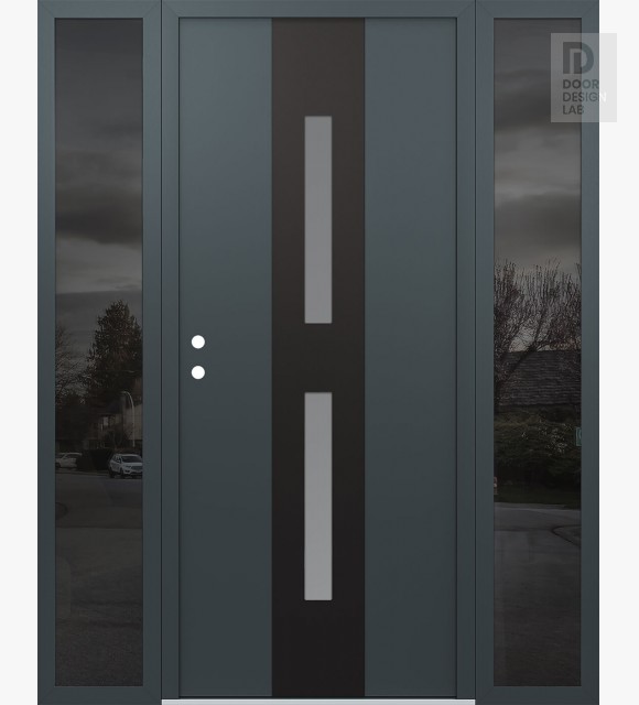 Modern Steel Front Door DIAMOND A6 60" X 80" ANTHRACITE/ANTHRACITE FROSTED GLASS PANEL BLACK RHI WITH 2 SIDELITES MIRRORED GLASS