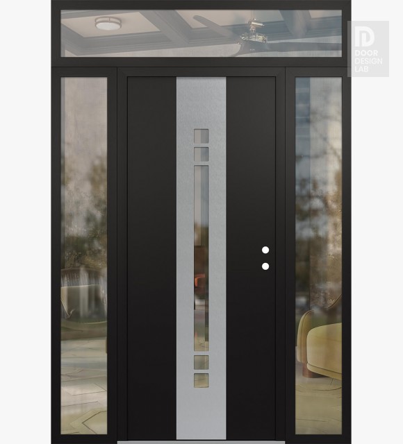 Modern Steel Front Door DIAMOND A4 64" X 96" BLACK/BLACK CLEAR GLASS PANEL STAINLESS STEEL LHI WITH 2 SIDELITES AND TRANSOM CLEAR GLASS