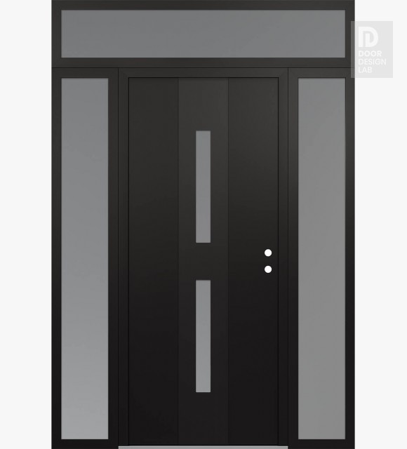 Modern Steel Front Door DIAMOND A6 64" X 96" BLACK/WHITE FROSTED GLASS PANEL BLACK LHI WITH 2 SIDELITES AND TRANSOM FROSTED GLASS