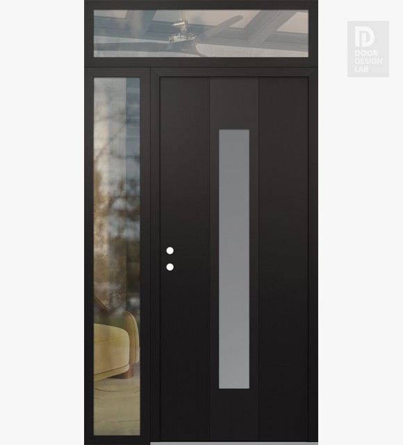 Modern Steel Front Door DIAMOND A1 50" X 96" BLACK/WHITE FROSTED GLASS PANEL BLACK RHI WITH SIDELITE AND TRANSOM CLEAR GLASS