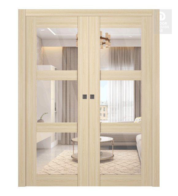 Avon 3 Lite Clear Vetro Loire Ash Modern Interior Double Pocket Doors by Belldinni