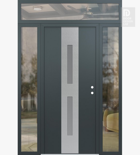 Modern Steel Front Door DIAMOND A6 68" X 96" ANTHRACITE/ANTHRACITE FROSTED GLASS PANEL STAINLESS STEEL LHI WITH 2 SIDELITES AND TRANSOM CLEAR GLASS