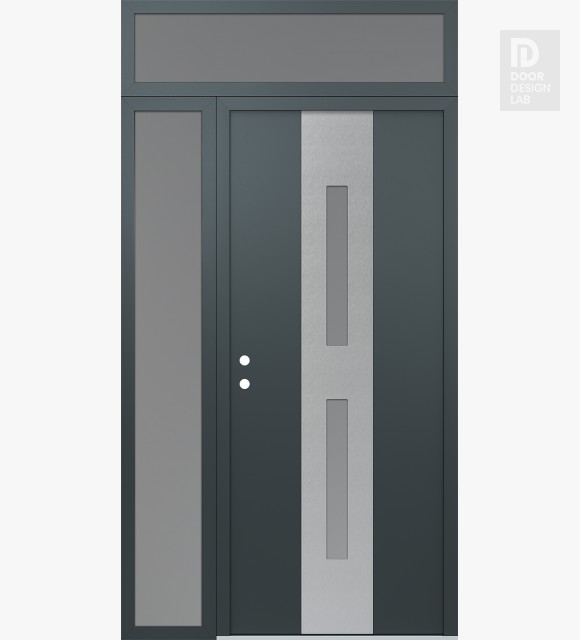 Modern Steel Front Door DIAMOND A6 50" X 96" ANTHRACITE/ANTHRACITE FROSTED GLASS PANEL STAINLESS STEEL RHI WITH SIDELITE AND TRANSOM FROSTED GLASS