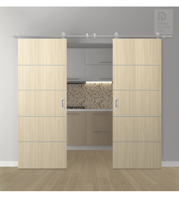 DOUBLE BARN DOOR OPTIMA 4H LOIRE ASH 72" X 96" X 1 3/4" SOLID CORE STAINLESS STEEL HARDWARE