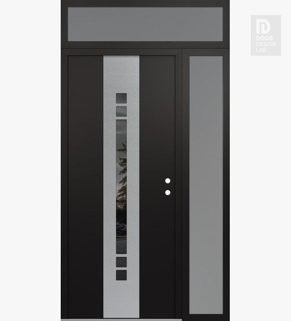 Modern Steel Front Door DIAMOND A4 52" X 96" BLACK/BLACK MIRRORED GLASS PANEL STAINLESS STEEL LHI WITH SIDELITE AND TRANSOM FROSTED GLASS