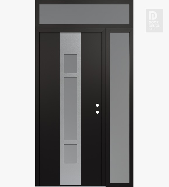 Modern Steel Front Door DIAMOND A9 52" X 96" BLACK/WHITE FROSTED GLASS PANEL STAINLESS STEEL LHI WITH SIDELITE AND TRANSOM FROSTED GLASS